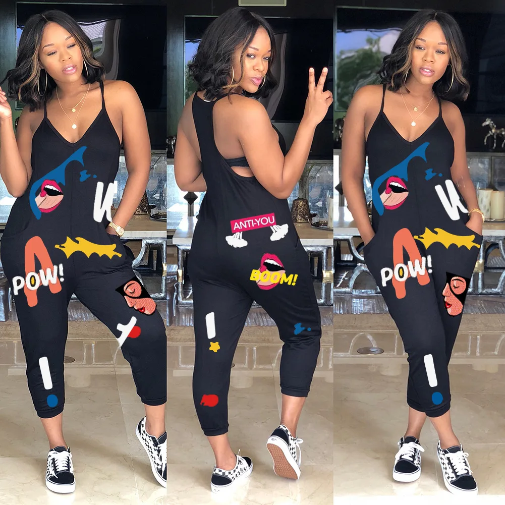 Summer women's high waist hip hop cartoon print overalls strap V neck cropped trousers casual fashion women's jumpsuit
Summer women's high waist hip hop cartoon print overalls strap V neck cropped trousers casual fashion women's jumpsuit