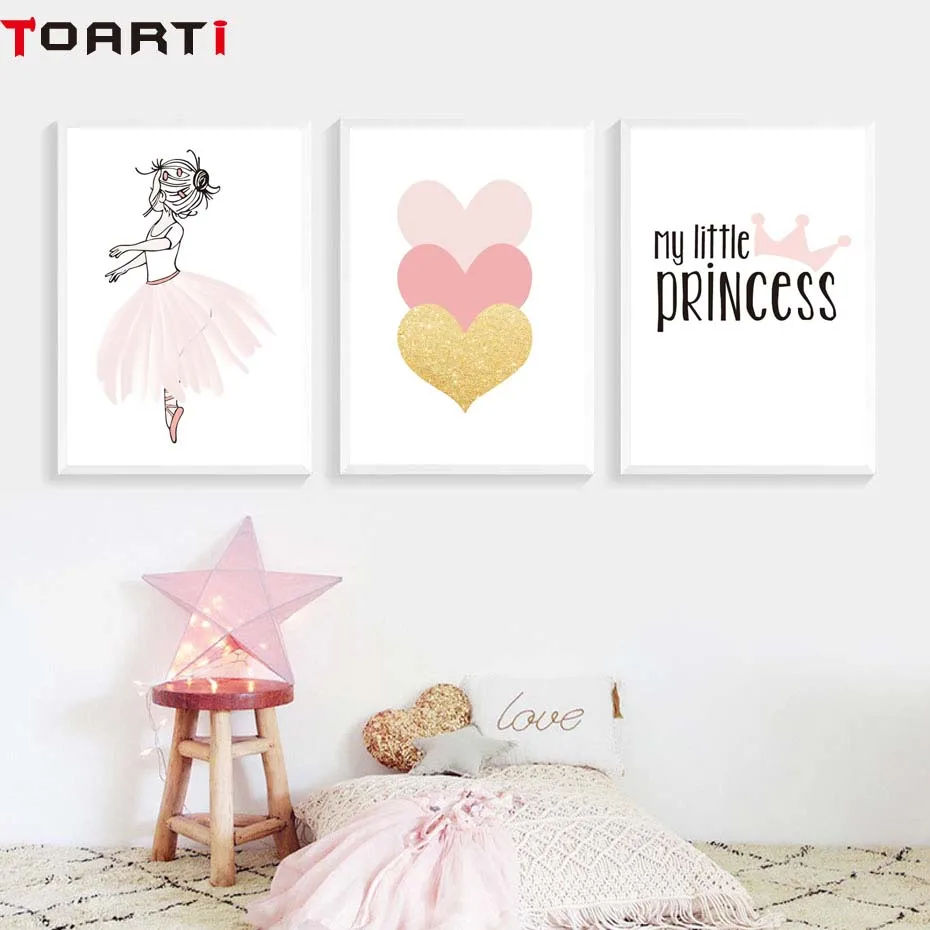 Pink Girls Princess Crown Heart Poster Prints Modern Home Decor Canvas Painting Modular Wall Picture Bedroom Wall Art Murals
