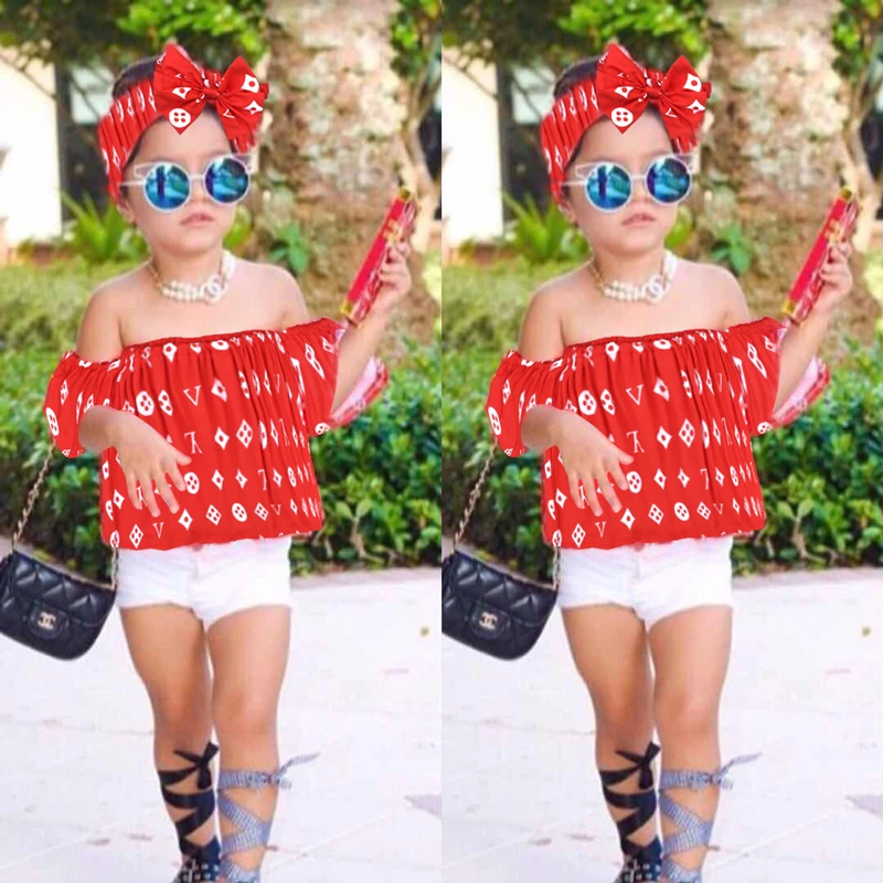 2018 Kids Outfit Fashion Children Clothing Sets Summer Girls Suit Off Shoulder Tops Denim Shorts Hairband 3Pcs Baby Girl Clothes (1)