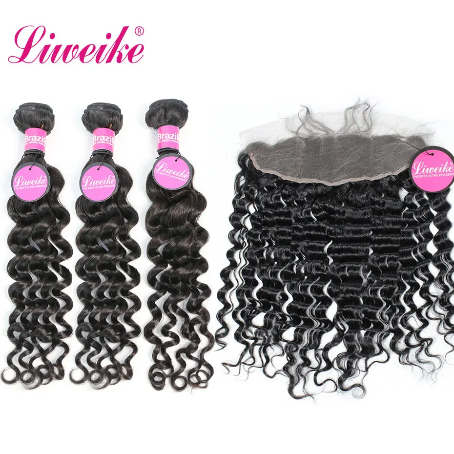 Liweike глубокая волна 3 пряди с 13*4 дюймовым кружевным фронтальным Remy 100%