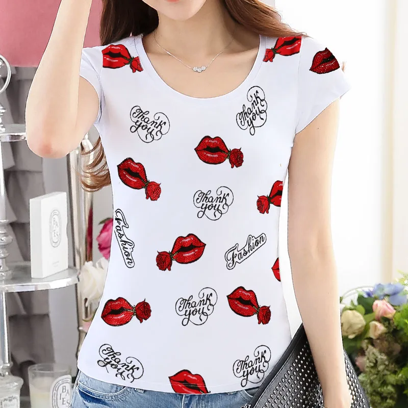 New Female T-shirts red lips rose tshirt Fashion Print Rhinestone Cotton T-shirts For Women Poleras De Mujer summer diamond Tops
New Female T-shirts red lips rose tshirt Fashion Print Rhinestone Cotton T-shirts For Women Poleras De Mujer summer diamond Tops