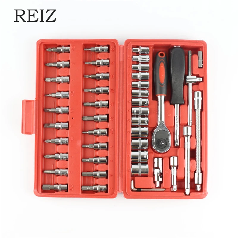 REIZ Car Repair Tool 46pcs 1/4-Inch Socket Set Screwdriver Ratchet Wrench Set Combo Tools Kit Auto Repairing Hand Tool Set
REIZ Car Repair Tool 46pcs 1/4-Inch Socket Set Screwdriver Ratchet Wrench Set Combo Tools Kit Auto Repairing Hand Tool Set