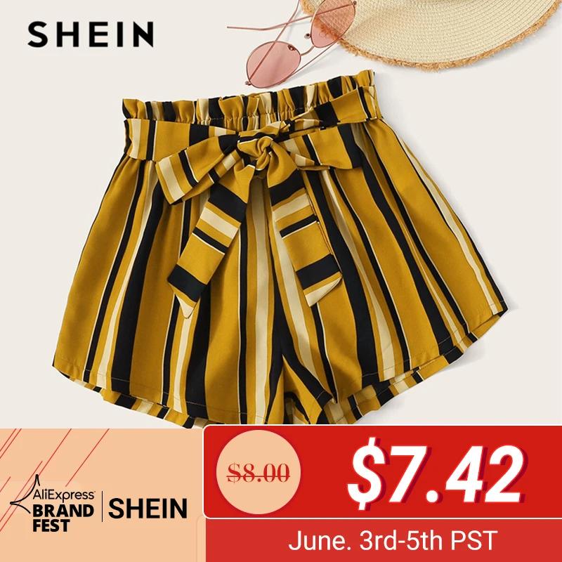 

SHEIN Paperbag Waist Self Belted Striped Shorts 2019 Summer Elastic Waist Shorts Boho Ginger High Waist Culottes Shorts