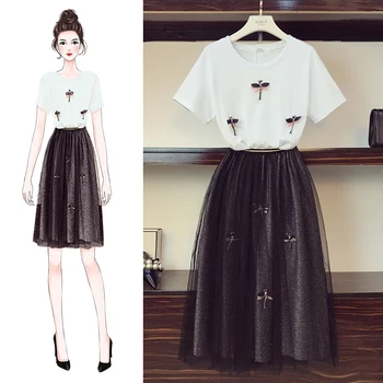 XL-4XL Large Size Women's Sets New Summer All-match Beading Short Sleeve Tshirts + Elastic Waist Gauze Skirts Students Suits
XL-4XL Large Size Women's Sets New Summer All-match Beading Short Sleeve Tshirts + Elastic Waist Gauze Skirts Students Suits