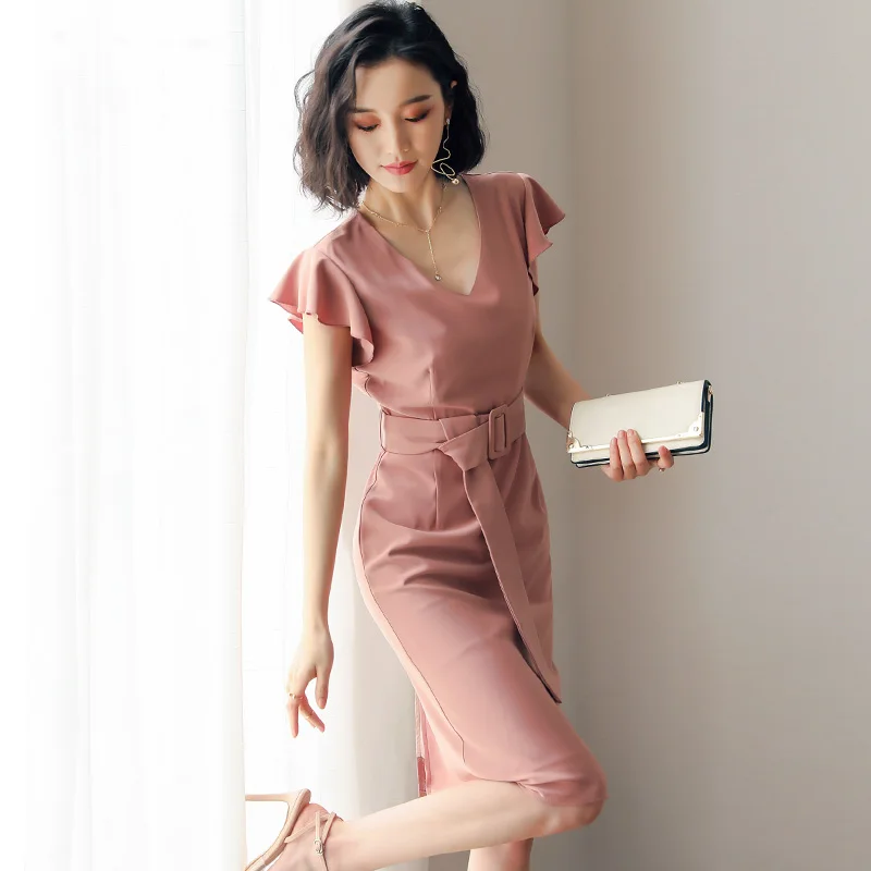 2019 Summer New Office Lady Sheath Butterfly Sleeve Slim Solid V-Neck Dress Sashes Collect Waist Elegant Contracted Dresses
2019 Summer New Office Lady Sheath Butterfly Sleeve Slim Solid V-Neck Dress Sashes Collect Waist Elegant Contracted Dresses