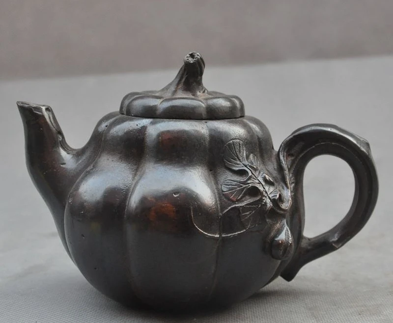 6" Marked Old Chinese pure Bronze Pumpkins shape Teapot Tea set Pot Tea maker