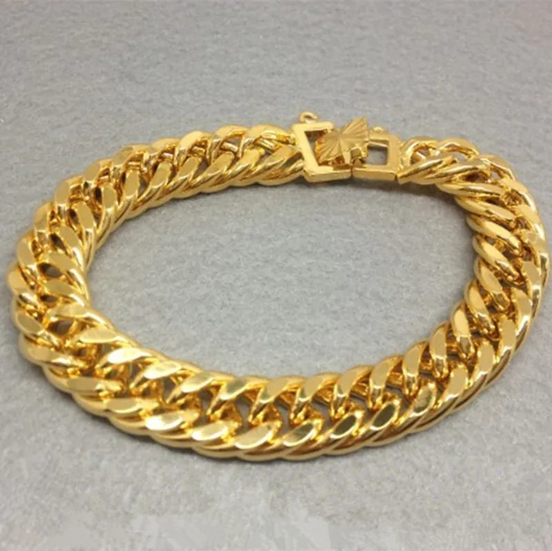 

7MM Wide Double Curb Cuban Chain Bracelet for Men Real Yellow Gold Filled Punk Hip Hop Bracelet 20cm