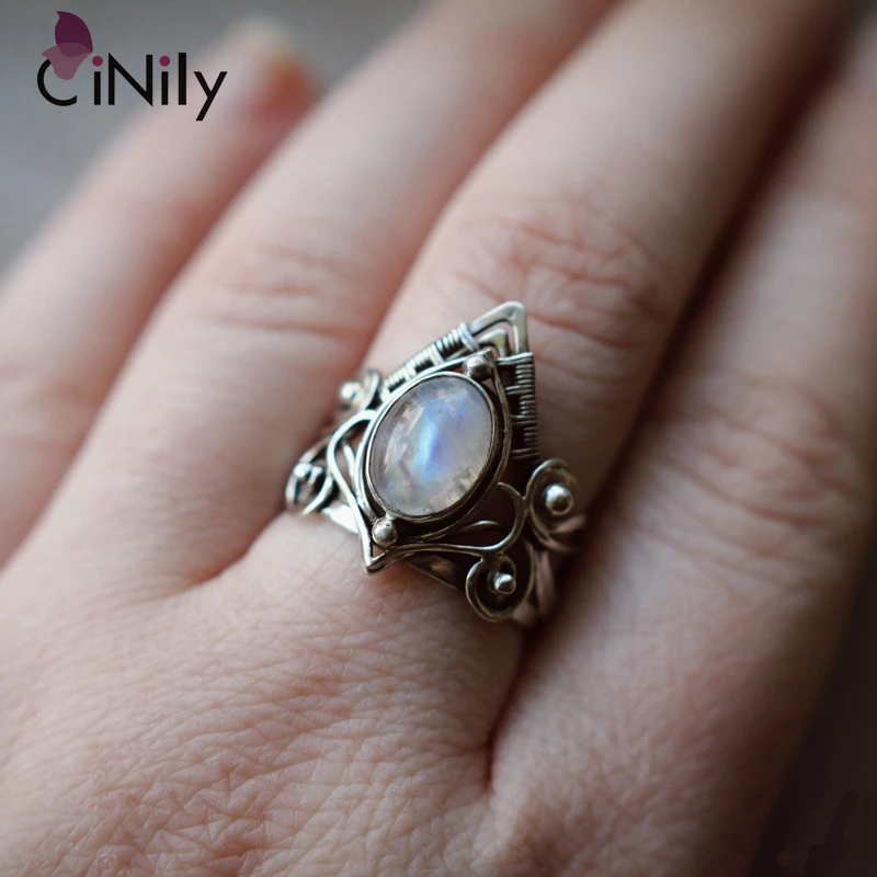 Фото CiNily роскошный лунный камень посеребренное женское Драгоценное кольцо ювелирное