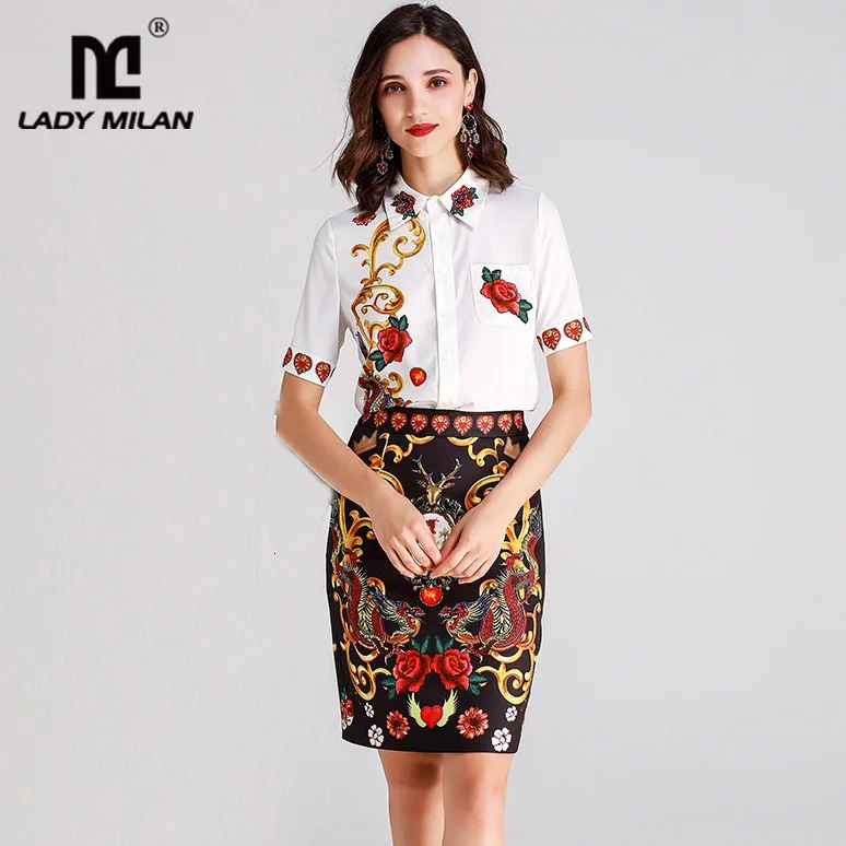 Lady Milan Women's Runway Twinsets Turn Down Collar Beaded Floral Shirts with Pencil Skirts Two Piece Dresses Sets
Lady Milan Women's Runway Twinsets Turn Down Collar Beaded Floral Shirts with Pencil Skirts Two Piece Dresses Sets