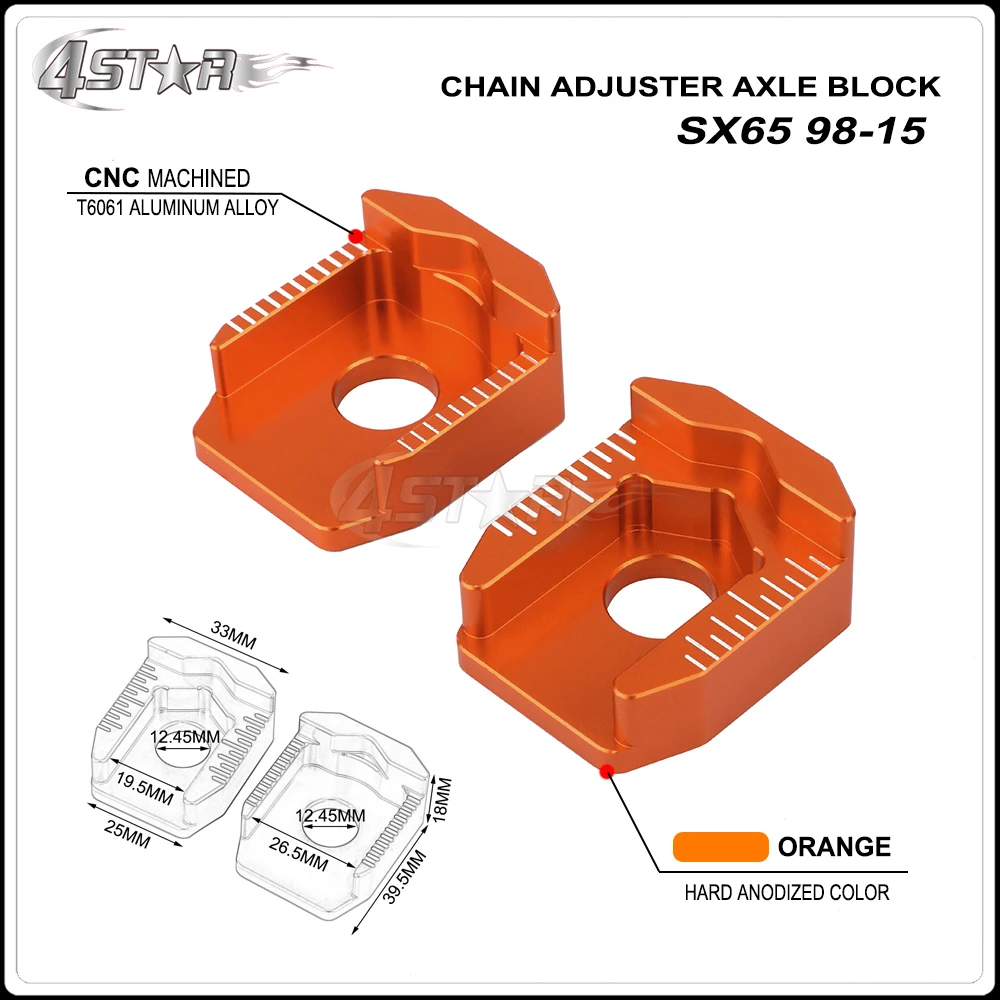 CNC Rear Chain Adjuster Axle Block For KTM SX65 1998 1999 2000 2001 2002 2003 2004 2005 2006 2007 2008 2009 2010-2015
CNC Rear Chain Adjuster Axle Block For KTM SX65 1998 1999 2000 2001 2002 2003 2004 2005 2006 2007 2008 2009 2010-2015