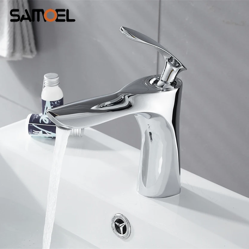 

Modern Popular Brass Bathroom Sink Faucets Mixers Deck Mount Chrome Finish Silver Lavatory Basin Water Taps 1211C