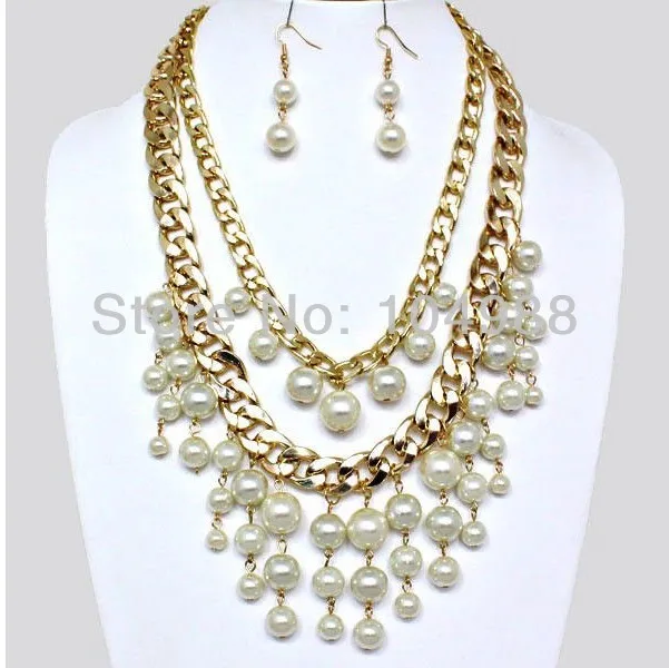 New Style N03 Women Toned 2 Strand Chunky Chain Solid Metal Dangle Imitation Pearls Necklace Set
New Style N03 Women Toned 2 Strand Chunky Chain Solid Metal Dangle Imitation Pearls Necklace Set