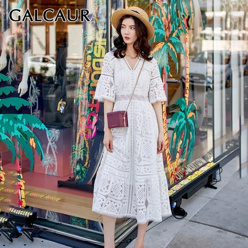 GALCAUR Elegant Solid Women Dress V Neck Flare Sleeve High Waist Hollow Out Slim Midi Dresses Female Fashion 2019 Summer
GALCAUR Elegant Solid Women Dress V Neck Flare Sleeve High Waist Hollow Out Slim Midi Dresses Female Fashion 2019 Summer