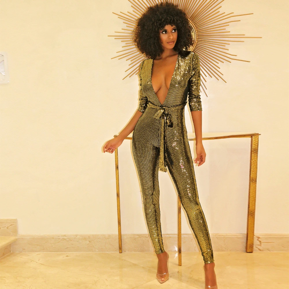 Women Long Sleeve Sequined Jumpsuit Bodycon Rompers V-neck Sexy Jumpsuit Clubwear Slim Overalls with Belt Female Party Romper
Women Long Sleeve Sequined Jumpsuit Bodycon Rompers V-neck Sexy Jumpsuit Clubwear Slim Overalls with Belt Female Party Romper