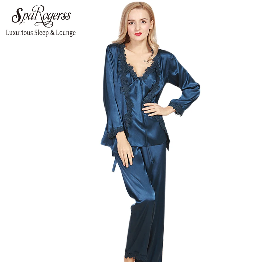 Image SpaRogerss Luxurious Women Robe Pajama Sets 2017 Faux Silk Ladies 3 Pcs Lace Silky Pajamas Pants Set Pajama Sleep Lounge STZ301