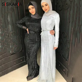 Siskakia Muslim Long Dress Black White Sequin Stripe Design Maxi Dresses Elegant Round Neck Long Sleeve Party Evening Wears 2019
Siskakia Muslim Long Dress Black White Sequin Stripe Design Maxi Dresses Elegant Round Neck Long Sleeve Party Evening Wears 2019