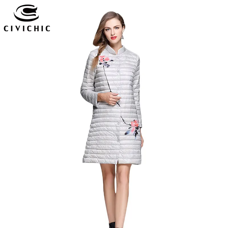 CIVICHIC Top Grade Woman Hand Painted Light Down Jacket Vintage Flower Long Winter Warm Coat Mid Slim Eiderdown Wear DC546 | Женская