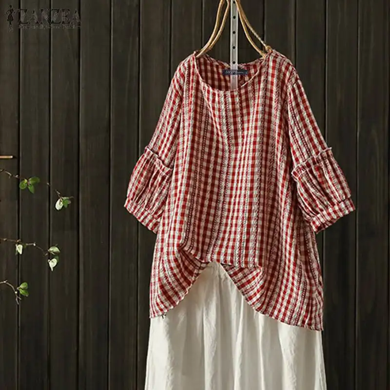 Summer Blouse Women Vintage Plaid Checked Shirt ZANZEA Half Sleeve Ruffles Tunic Tops Robe Femme Blusas Plus Size Casual Chemise
Summer Blouse Women Vintage Plaid Checked Shirt ZANZEA Half Sleeve Ruffles Tunic Tops Robe Femme Blusas Plus Size Casual Chemise