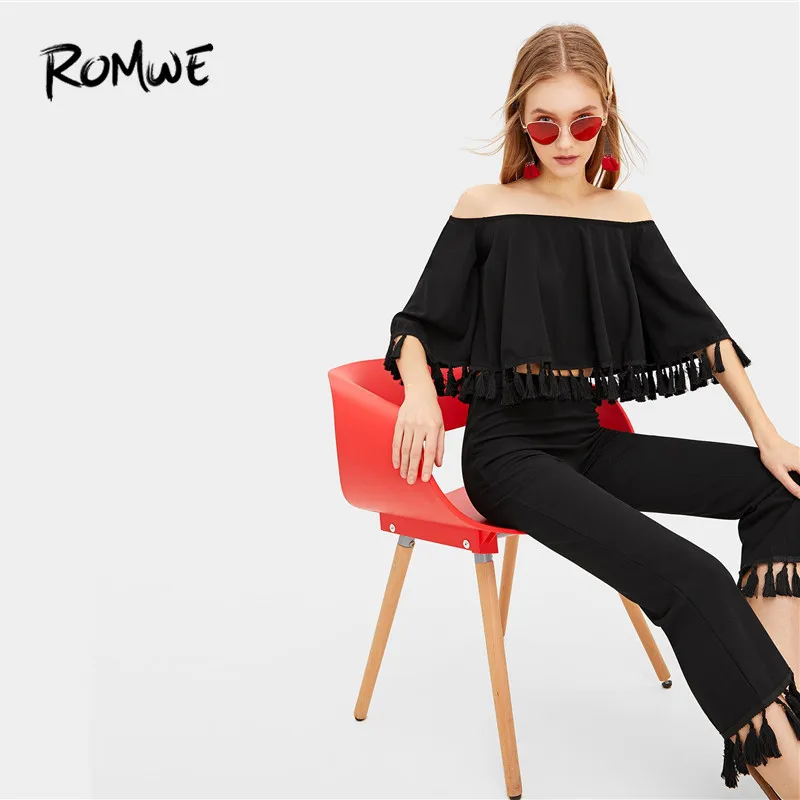 

ROMWE Black Bell Sleeve Slash Neck Tassel Hem Bardot Tops With Flare Pants Women Sets Crop Top And Trousers Two-piece Co-ords