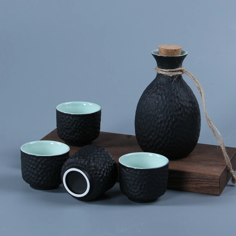 

Japanese Sake Set Boutique Art Flagon Stoup Wine Pot 4 Cups Ceramic Snowflake Glaze Honeycomb Design Saka Decanter Home Bar