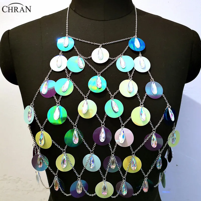 

Chran Acrylic Gem Seascale Crop Top Disco Party Chain Necklace Rave Bra Bralete Lingerie Festival Costume Wear Jewelry CRS204