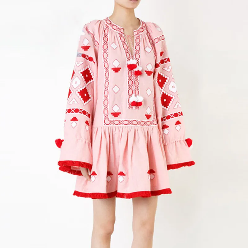 Фото Богемное Макси платье Хиппи с v-образным вырезом цветочной вышивкой пышное