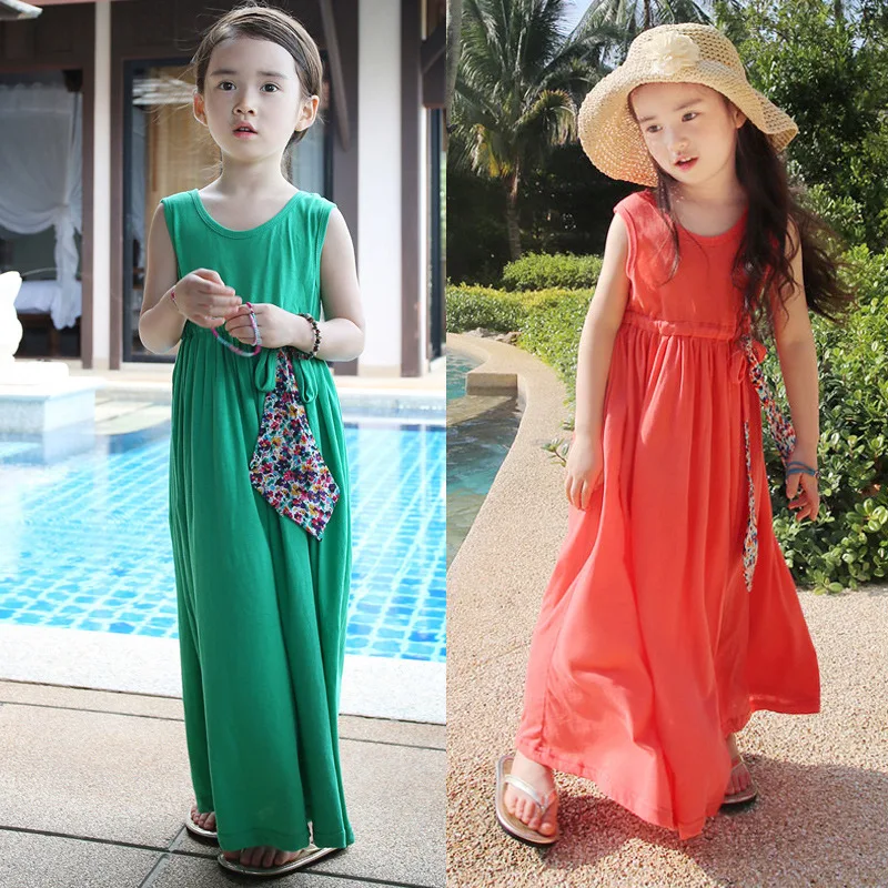 Kids Girls Long Dresses Summer 2018 Teenage Girls' Sleeveless Beach Dress for Kids with Sashes Green Orange Girls Cotton Dress
Kids Girls Long Dresses Summer 2018 Teenage Girls' Sleeveless Beach Dress for Kids with Sashes Green Orange Girls Cotton Dress