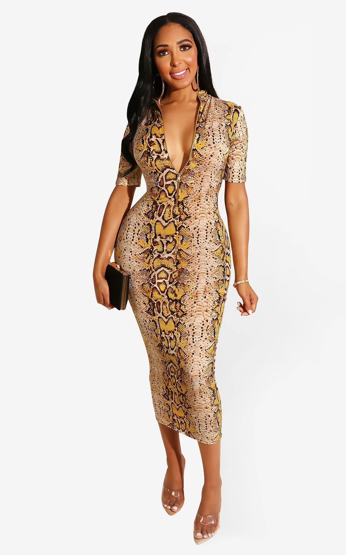 2019 women's summer new snakeskin printed tight fitting mid-calf dress zipper up short sleeve club party dress L0264
2019 women's summer new snakeskin printed tight fitting mid-calf dress zipper up short sleeve club party dress L0264
