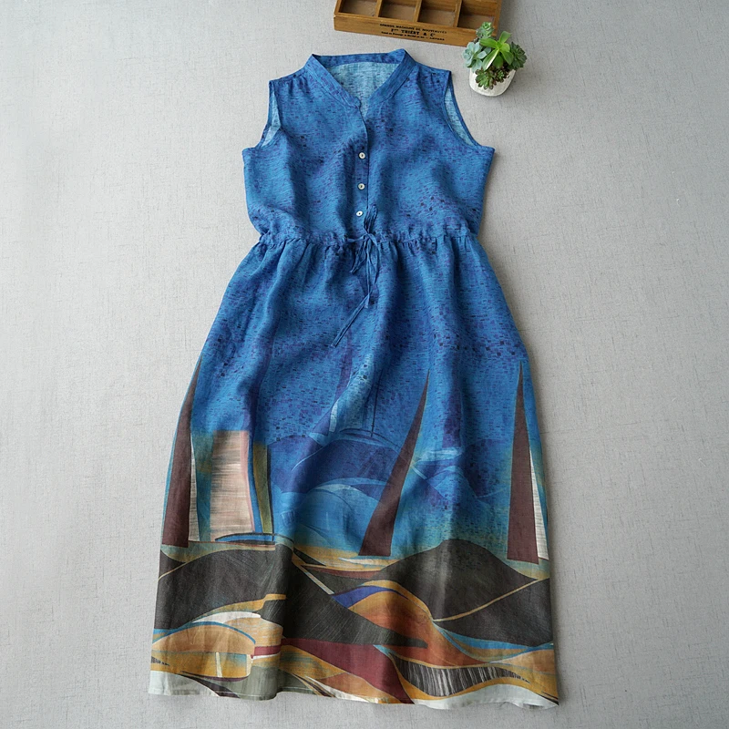 Summer Women Loose Plus Size Vintage Print Stand Collar Drawstring Waist Water Washed Thin Ramie Blue Sleeveless Tank Dresses
Summer Women Loose Plus Size Vintage Print Stand Collar Drawstring Waist Water Washed Thin Ramie Blue Sleeveless Tank Dresses