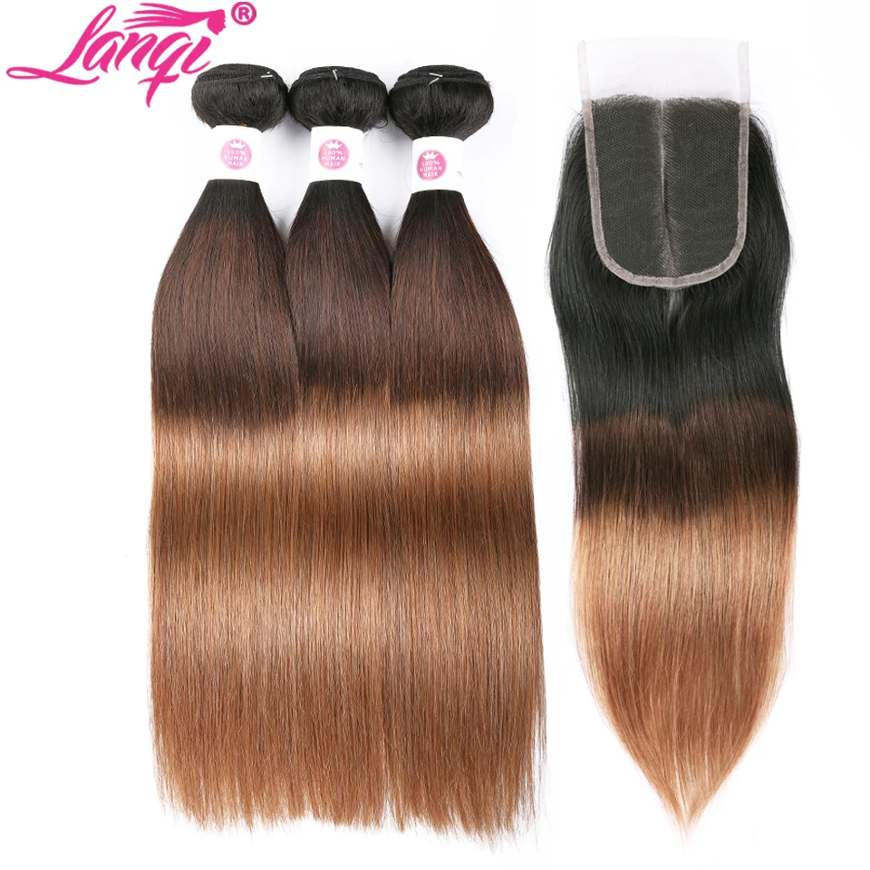 

Peruvian hair Straight dark roots blonde hair bundles with closure 1b/4/30 lanqi 3 tone ombre human hair weave with lace closure