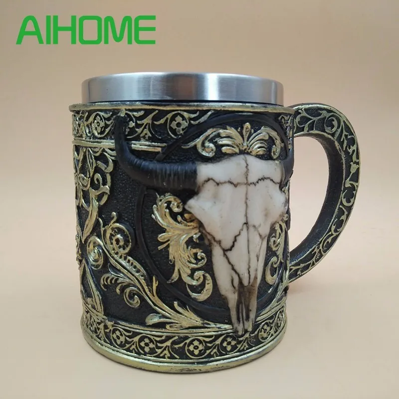 Image Personality Stainless Steel Coffee Mugs 3D Skull Mugs Cow Tankard Dragon Cups And Mugs Monster Goblet Unique Drinkware