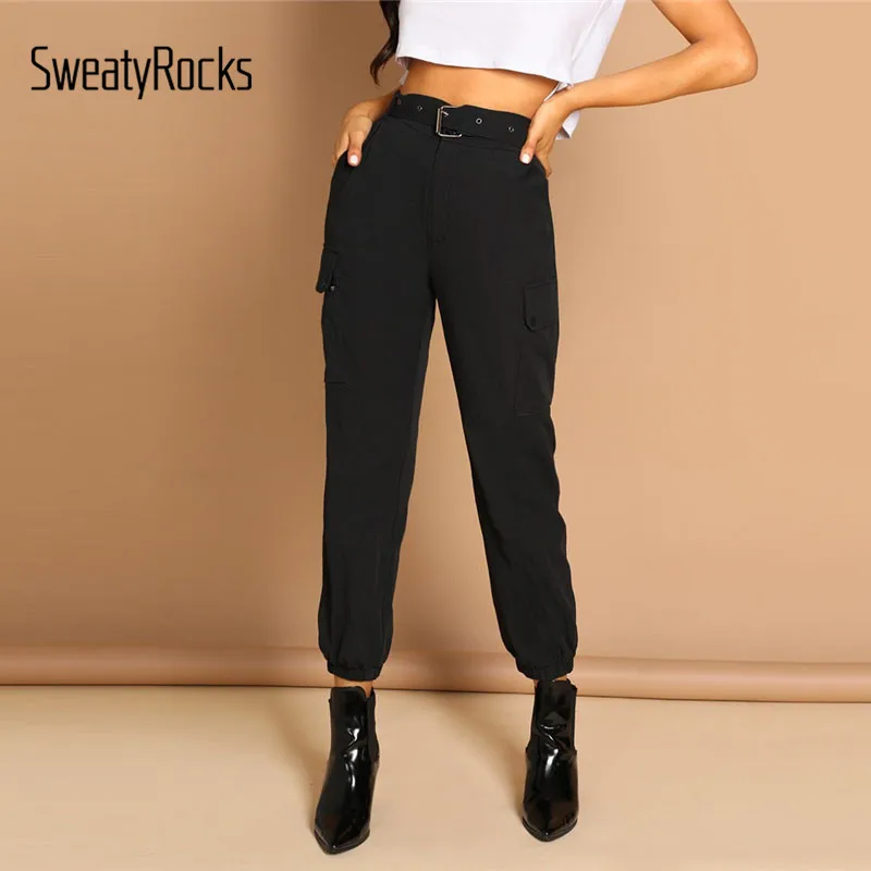 

SweatyRocks Black Slant Pocket Elastic Hem Solid Pants Belted Zip Up Casual Long Pants 2018 New Autumn Womens Fashion Pants