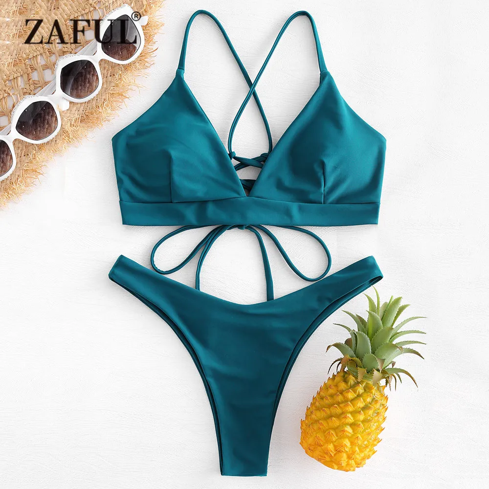 

ZAFUL Back Lace-up Thong Bikini Criss-Cross Swimwear Women High Cut Swimsuit Peacock Blue Straps Low Waist Biquni Bathing Suit