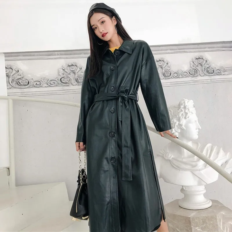 LANMREM/Новинка 2018 года модная длинная куртка из искусственной кожи в стиле ретро