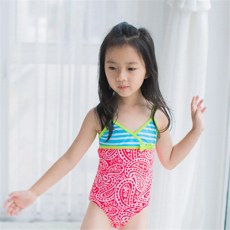 

New Model Kid Girls One Piece Swimsuit 2-7 Y Baby Girl Flower & Striped Swimwear Children Swimming Wear Sling Swim Suit Bathing