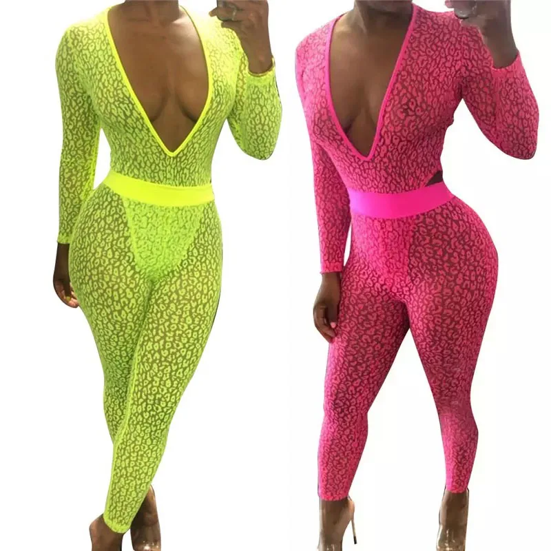 Neon Green Pink Sexy See Through 2 Piece Set Women Party Club Outfits Women Deep V-Neck Bodysuit +Pants Suits
Neon Green Pink Sexy See Through 2 Piece Set Women Party Club Outfits Women Deep V-Neck Bodysuit +Pants Suits