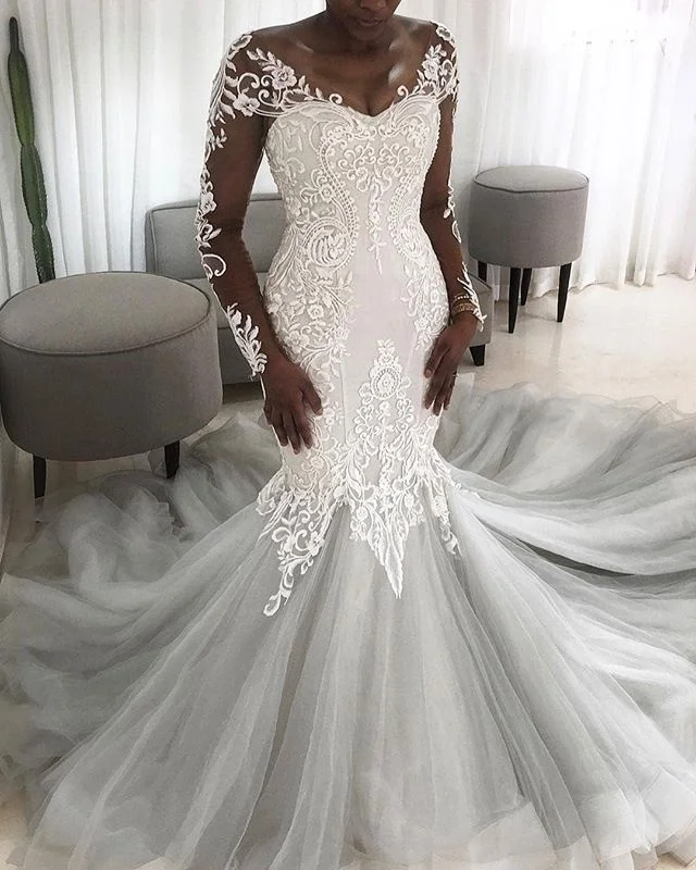 2019 African Mermaid Wedding Dresses Lace Illusion Long Sleeves Applique Soft Tulle Modest Bridal Gowns With Chaple Train
2019 African Mermaid Wedding Dresses Lace Illusion Long Sleeves Applique Soft Tulle Modest Bridal Gowns With Chaple Train