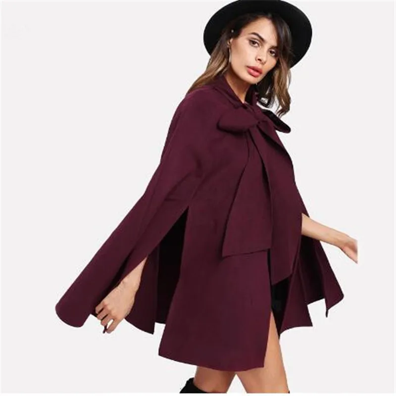 

Elegant Woman Fall Coat Korean Fashion Clothing for Womens Burgundy Long Sleeve Slit Back Tied Front Cape Coat