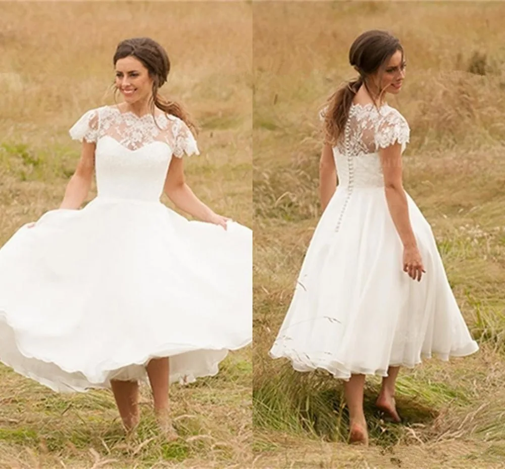 Vintage Cap Sleeve Lace Applique A Line Wedding Dresses Bridal Gowns