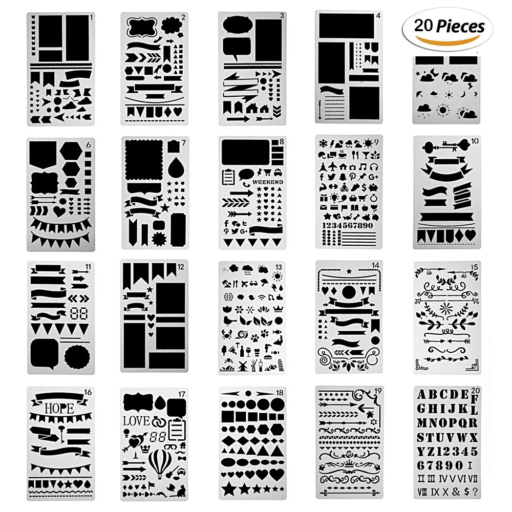 20/12 Pcs bullet Journal Stencil Set cutting dies DIY Drawing Template for Diary Notebook Scrapbook Paper Craft Projects
20/12 Pcs bullet Journal Stencil Set cutting dies DIY Drawing Template for Diary Notebook Scrapbook Paper Craft Projects