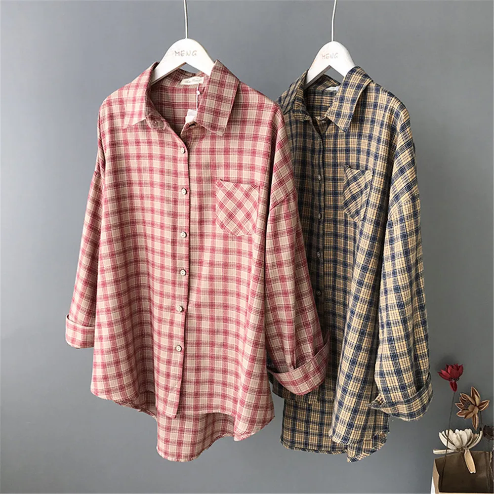 Boyfriend Style Blouses 100% Cotton Loose Women Plaid Shirts 2019 Office Women Blouse Shirt Female Outerwear Casual Pocket Shirt (1)