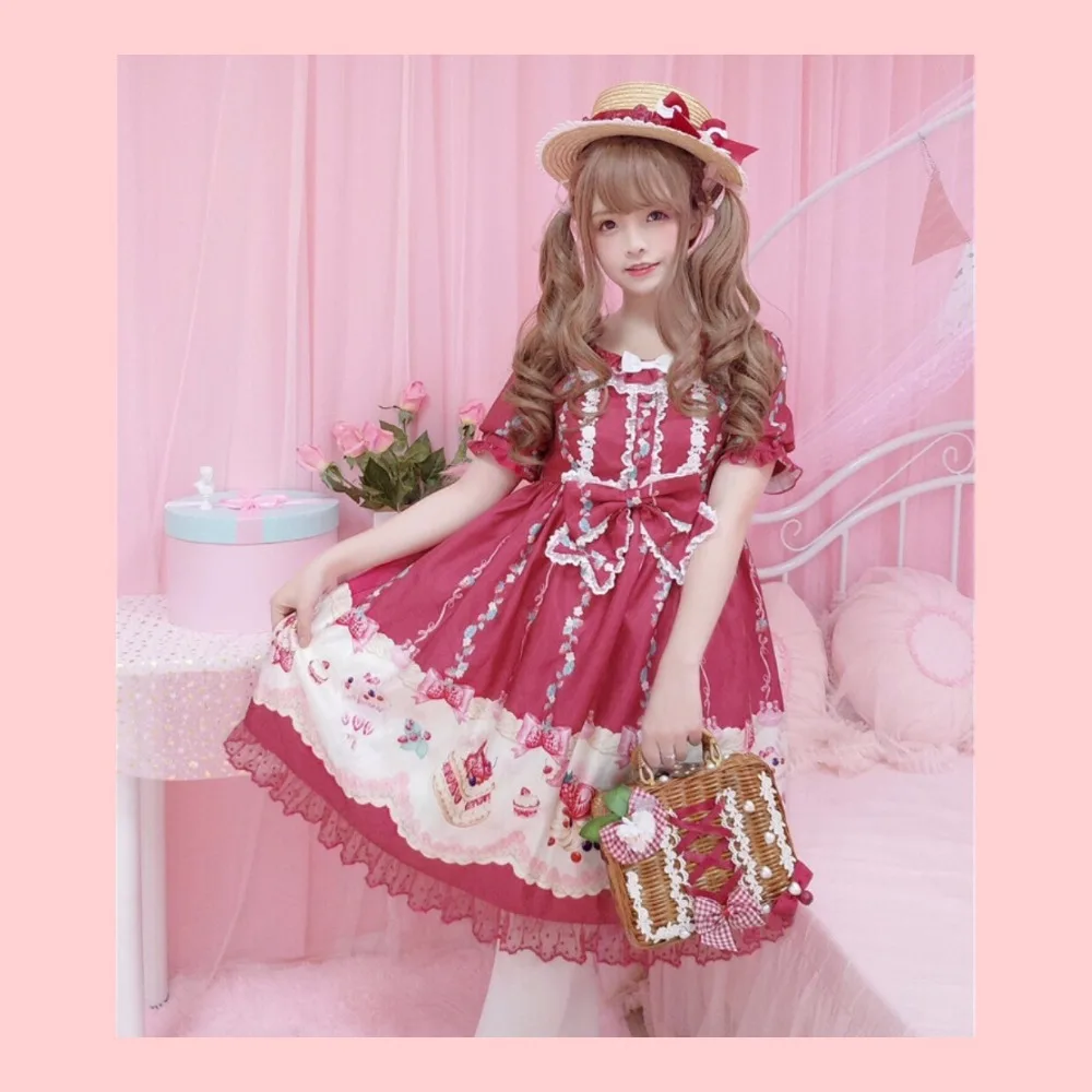 

Kawaii Strawberry Cake Cute Women's Lolita JSK Dress &OP Dress Summer Dress Bows Lace Trim Red White 2 Type