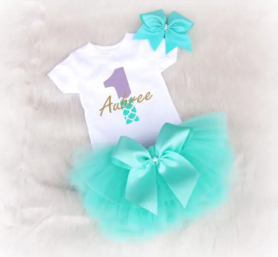

personalize little mermaid aqua birthday bodysuit onepiece creeper shirt smash cake Tutu Dress romper Outfit Sets party gifts