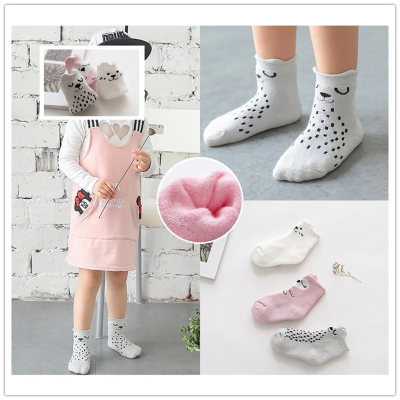 Image Age 1 10T Baby Girls Boys Kids Student Crew Short Terry Socks 1lot=3pairs Cartoon Animal Cute Owl Puppy Cat Cotton 3D Plush Ear