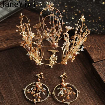 JaneVini Gothic Women Gold Crown Headwear Pageant Baroque Beaded Crystals Bridal Crowns Earring Bride Wedding Hair Accessories
JaneVini Gothic Women Gold Crown Headwear Pageant Baroque Beaded Crystals Bridal Crowns Earring Bride Wedding Hair Accessories