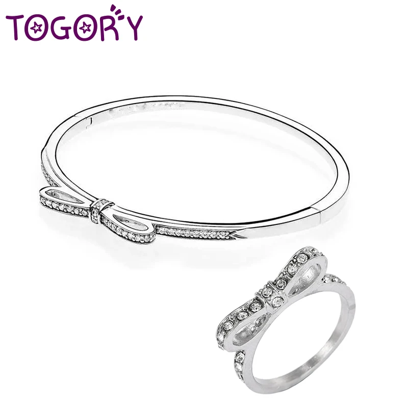 TOGORY Silver Fine Jewelry Sets BR + RI Wedding Bnowknot Plated Bracelets Bangle Rings As Women Wife Gift | Украшения и
