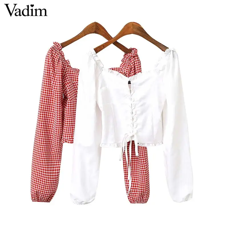 Vadim women sexy plaid crop tops drawstring lace up short sleeve style ruffles shirts female casual blouse blusas LB063 |