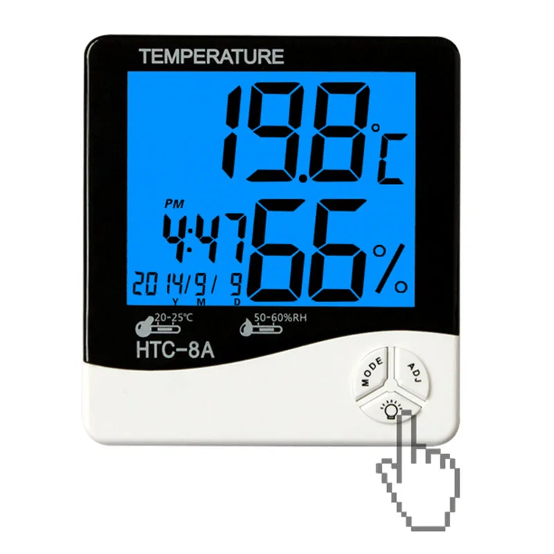 LCD Night Light Indoor Humidity Monitor Temperature Sensor Hygrometer Thermometer with Date Time Alarm Clock (HTC-8A)
LCD Night Light Indoor Humidity Monitor Temperature Sensor Hygrometer Thermometer with Date Time Alarm Clock (HTC-8A)