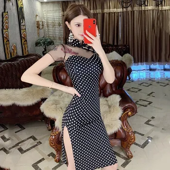 2019 new fashion sexy mesh stitching wave point slim pack hip split cheongsam dress
2019 new fashion sexy mesh stitching wave point slim pack hip split cheongsam dress