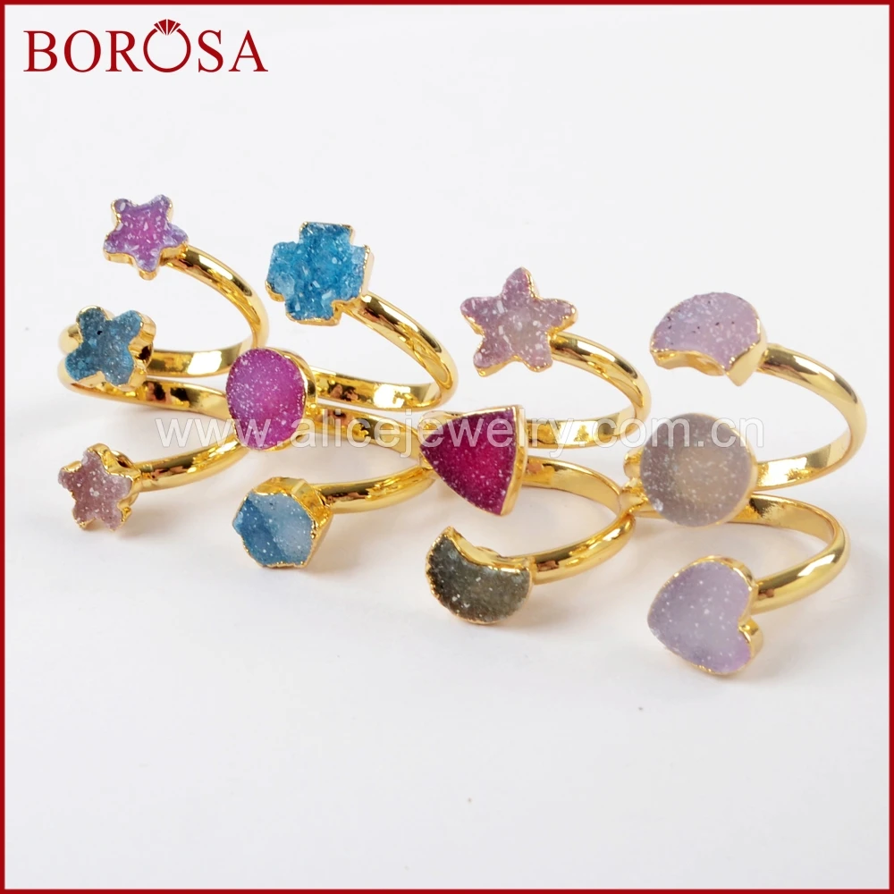 BOROSA 5PCS Gold Color Three Rainbow Multi Shaped Druzy Wire Wrapped Ring Drusy Gems Rings for Women Girls Jewelry G1553 | Украшения и